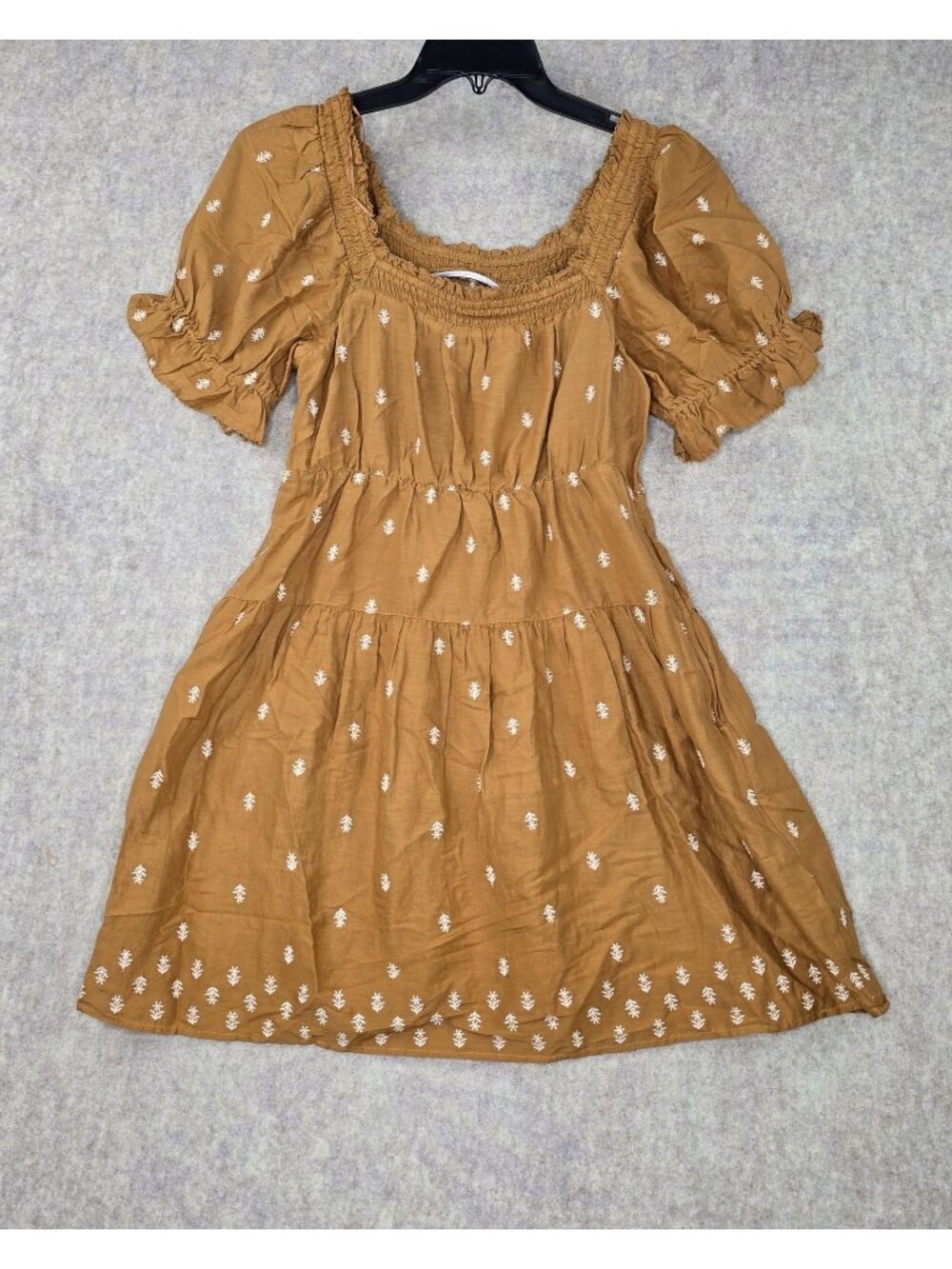 Old Navy Womens Smocked Mini Dress Brown XS Tiered Cotton Blend Embroidered